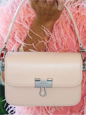 Off-White Pale Pink Binder Clip Leather Shoulder Bag with Silver Hardware